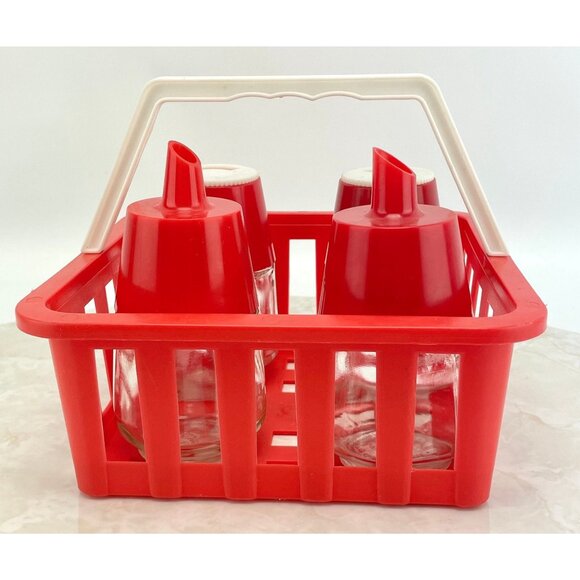 Vintage 70s condiment caddy, picnic plastic and glass dispensers - Picture 10 of 10